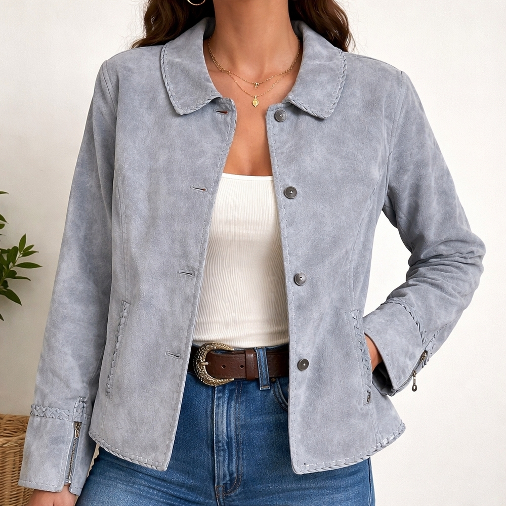 90s Cabela's Soft Gray Blue Suede Leather Button Front Western Revival Jacket